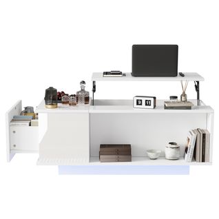 Table Basse Relevable Blanche LED Avec Tiroir Et Rangement, L.100 Cm