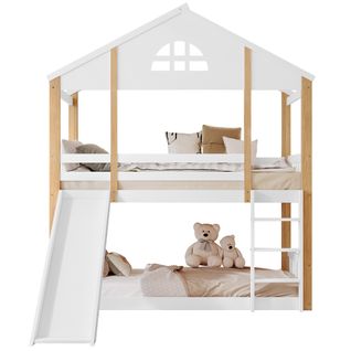 Lit Superposé Enfant 90x200cm Cabane Forme Maison Avec Barrières, Toboggan Et Échelle, Bois Blanc
