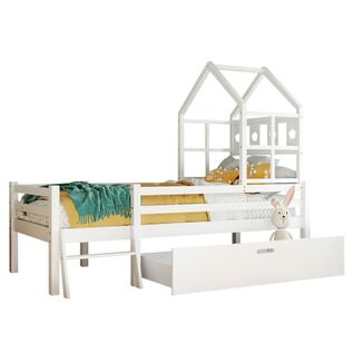Lit Cabane Enfant 90x200cm Mi-haut Avec Échelle Sécurisée Et Tiroir De Rangement, En Bois Blanc