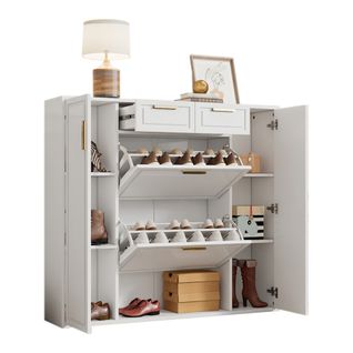 Meuble à Chaussures Blanc Avec 4 Portes Et 2 Tiroirs, Poignées Dorées, Compartiments Ouverts