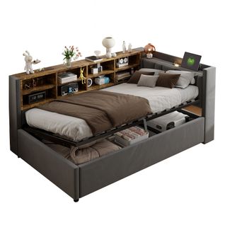 Lit Coffre Enfant 90x200 Cm, Lampe LED, Ports De Charge, Étagères De Rangement, Velours Gris