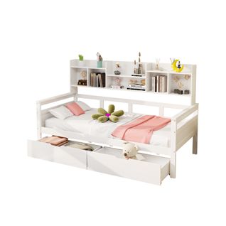 Lit Enfant 90x200 Cm 2 Tiroirs Et Étagères De Rangement En Bois Blanc