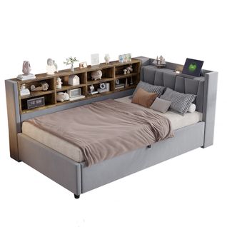 Lit Coffre 90x200 Cm En Velours Gris Clair, Rangement, Lampe LED, Ports USB, Niches