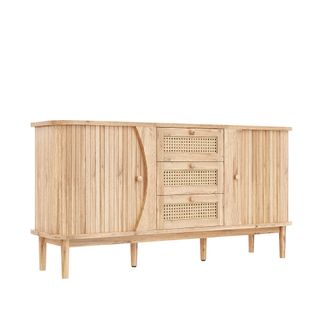 Buffet De Salon, Buffet Bois Avec 2 Portes Coulissantes, 2 Tiroirs En Rotin, Étagères Réglables