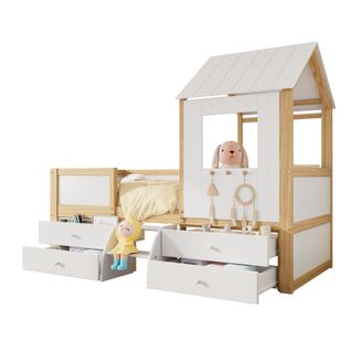 Lit Enfant 90x200cm Cabane Mi-haut En Bois, 4 Tiroirs, Rangement, Échelle, Barrières, Blanc