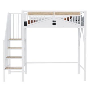 Lit Enfant Mezzanine 90x200 Cm Avec Sommier, Escaliers, Barrières De Sécurité En Métal, Blanc