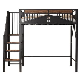 Lit Mezzanine 90x200 Cm Avec Escaliers, Barrières Sécurisées, Sommier, En Métal Noir