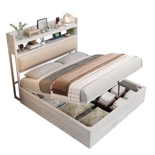 Lit Coffre Adulte 140x200 Cm Tête De Lit Avec Rangement, Ports USB Et Étagères, Blanc