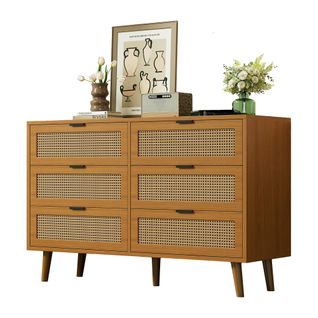 Commode En Bois Foncé à 6 Tiroirs De Rangement, Pieds En Bois, Poignées En Métal