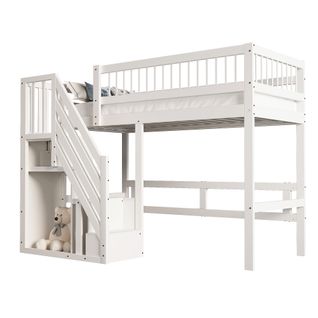 Lit Mezzanine 90x200 Cm En Bois Avec Escalier De Rangement, Placards, Blanc