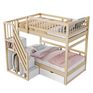 Lit Superposé Enfant 90x200 Cm En Bois Naturel, Tiroir Et Escalier De Rangement, Sommiers En Bois