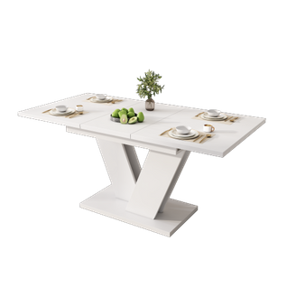 Table à Manger Rectangulaire Extensible Avec Plateau Épais, Base De Support En V, Blanche