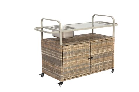 Bar De Jardin Mobile En Rotin Pe Avec Plateau Acier, Rangement Et Seau à Glace, Beige Moderne