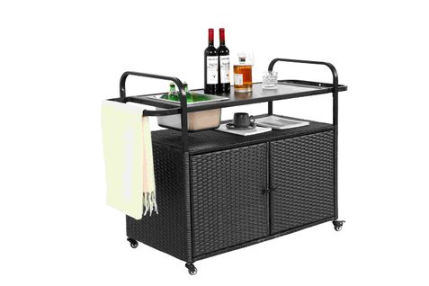 Bar De Jardin Mobile En Rotin Pe Avec Plateau Acier, Rangement Et Roulettes, Noir Moderne