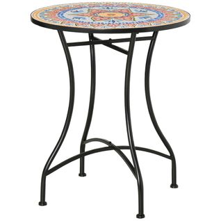 Table De Jardin Ronde Mosaïque Ø60 Cm, Plateau Céramique Multicolore, Structure Métal Robuste