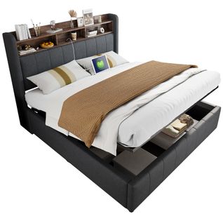 Lit Coffre160x200cm,2 Places,led,usb,moderne,tête De Lit Avec Rangement,lin,gris