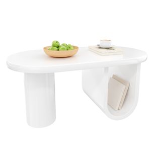 Table Basse Ovale Moderne En Mdf Blanc Avec Pieds Ronds De Rangement Pour Salon