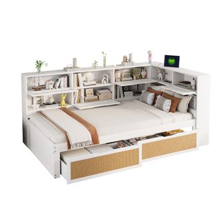 Lit 90x200 Cm Avec Rangement, 2 Tiroirs Et Prises Intégrées – Bois Blanc, Sommier Inclus
