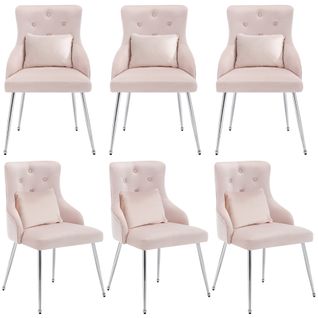 Lot 6 Chaises De Salle à Manger En Velours Rose Avec Coussin Et Pieds Métal