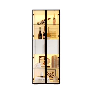Vitrine Blanche LED H.160cm Avec 2 Portes Et 2 Tiroirs, Armoire Vitrée, 6 Niveaux De Rangement