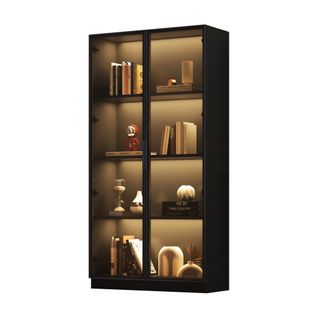 Vitrine Moderne Noir H.160cm Avec LED, 2 Portes Vitrées, 4 Niveaux De Rangement Réglables