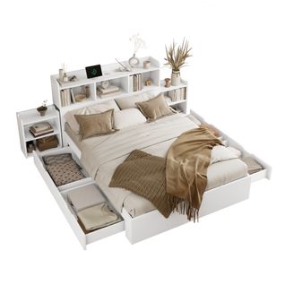 Lit Adulte 140x200 Cm, Lit Jeune Avec 4 Tiroir, Tête De Lit Rangement, 2 Chevets Gigognes, Blanc