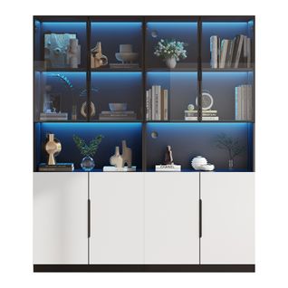 Vitrine Noire Avec Éclairage LED, 2 Portes Vitrées Et 2 Portes Blanches, Rangement Ouvert