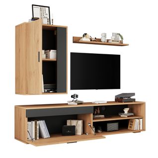 Ensemble De Meuble TV, Panneau TV Avec Étagères Verticales Et Étagères Murales, Bois Et Noir