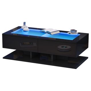 Table Basse Rectangulaire Noire Avec 2 Tiroirs, Éclairage LED, Plateau En Verre