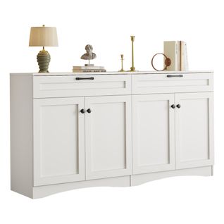 Buffet De Salon, Buffet Blanc Avec 2 Tiroirs, 4 Portes, Design Incurvé, Poignées Noires