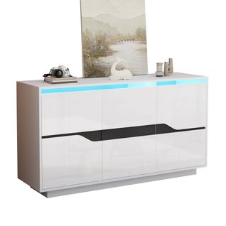 Buffet De Salon, Buffet Blanc Avec Étagères Réglables, Sans Poignées