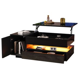 Table Basse Relevable Noire Avec 1 Tiroir, 1 Porte, LED, Espace De Rangement Semi-ouvert