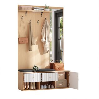 Vestiaire D'entrée Bois Et Blanc Avec Miroir, Banc à Chaussures, 4 Patères, 2 Tiroirs, Étagères