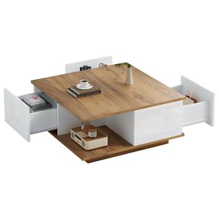 Table Basse Carrée Blanche Et Bois Avec 3 Tiroirs Et Rangement Ouvert