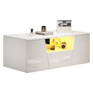 Table Basse Rectangulaire Blanche Brillante Avec LED, 2 Portes Et 1 Tiroir, Rangement Ouvert