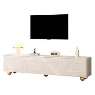 Meuble TV Blanc, Meuble TV Bas 180 Cm Avec 4 Portes à Motifs Nuages, 5 Pieds Ronds Dorés