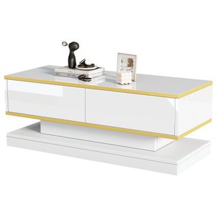 Table Basse Rectangulaire Blanche Brillante Avec 2 Tiroirs Et Bordure Dorée
