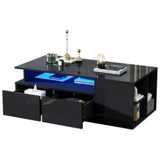 Table Basse Rectangulaire Noire Brillante Avec LED, 2 Tiroirs, Compartiments Ouverts
