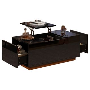 Table Basse Relevable Rectangulaire Noire Brillante Avec Éclairage LED, 2 Tiroirs