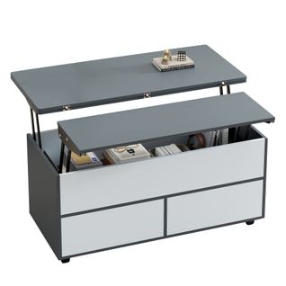 Table Basse Relevable Rectangulaire Blanc Et Gris Avec Roulettes Et Tiroir