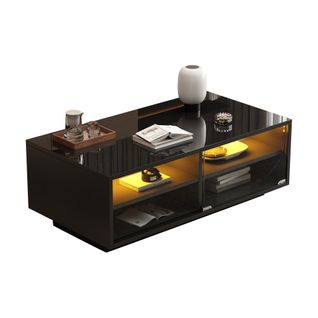 Table Basse Rectangulaire Noire Brillante Avec LED, 2 Tiroirs, 2 Portes Coulissantes En Verre
