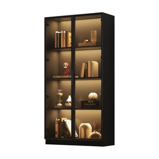 Vitrine Noire, Vitrine Haute Avec Éclairage LED, 2 Portes Vitrées, Étagères Réglables
