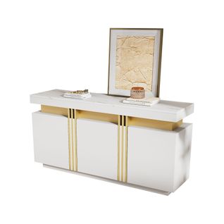 Buffet De Salon, Buffet Blanc Avec 3 Portes, Étagères Réglables, Sans Poignées, Finition Dorée