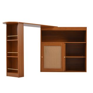 Table De Bar Pivotante Avec Rangement Et Étagères Réglables, Portes En Rotin, Marron