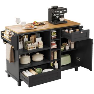 Desserte De Cuisine, Chariot De Cuisine Mobile Avec 2 Tiroirs, Plan De Travail En Bois Marron Clair