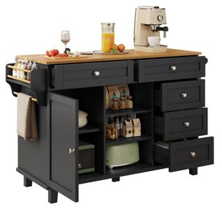 Desserte De Cuisine Noire Avec 5 Tiroirs, Conception à Double Usage Mobile Et Fixe