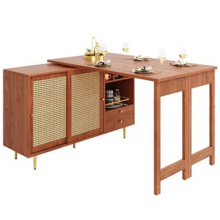 Table De Bar Pivotante à 360°, 107x40x71,4 Cm, Table De Bar Extensible Avec Porte En Rotin, Marron