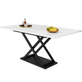 Table à Manger Extensible 120-160x80 Cm, Pieds En Fer Croisés Noirs, Plateau En Mdf Blanc