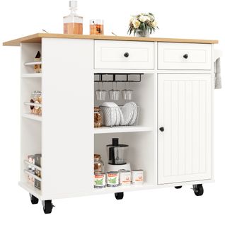 Desserte De Cuisine Blanche Avec Séparateurs Amovibles, Plan De Travail De Grain De Bois