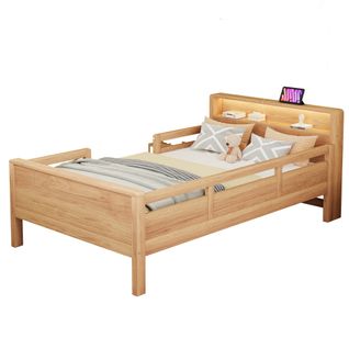 Lit En Bois 90x200 Cm, Lit Enfant, Lit Simple, Prise Combinée USB Et Type-c, LED, Couleur Bois